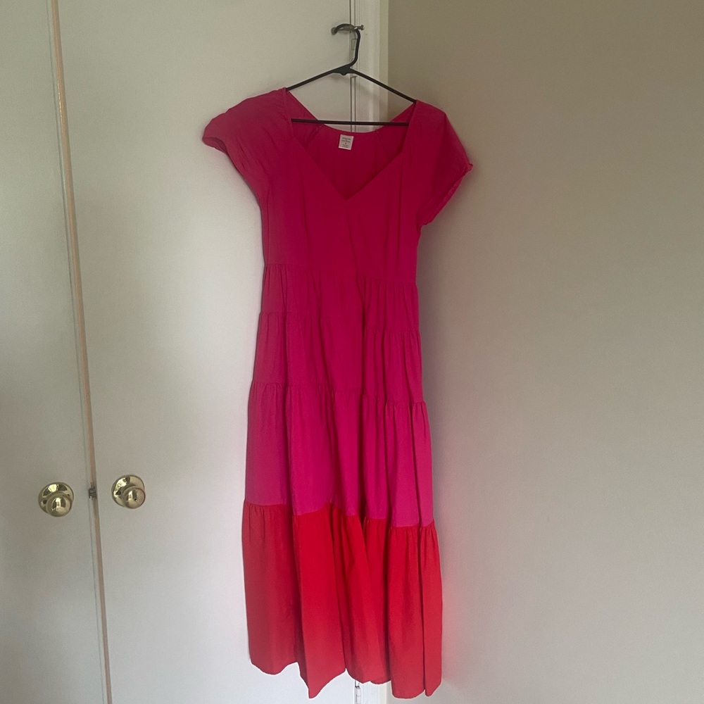 Bright pink maxi dress with cap sleeves and v-neck